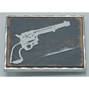 Vintage Silver Tone & Painted Faux Wood Revolver Gun Belt Buckle